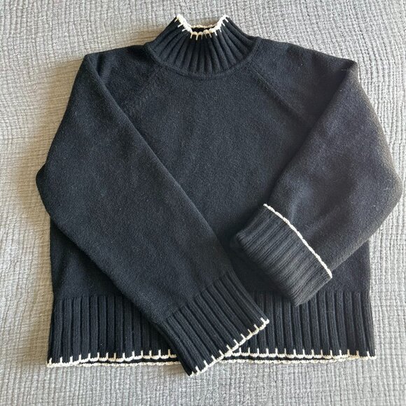 CashSoft Turtleneck Sweater - Medium Petite | Black with Off-white Trim - Picture 1 of 3